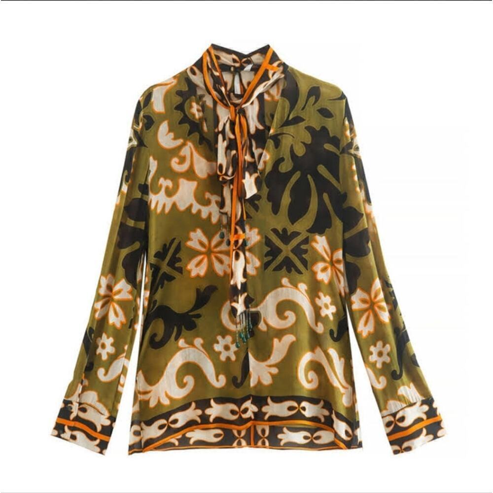 ZARA Green Floral Multicolored LongSleeve Bohemian Shirt Sz Xsmall